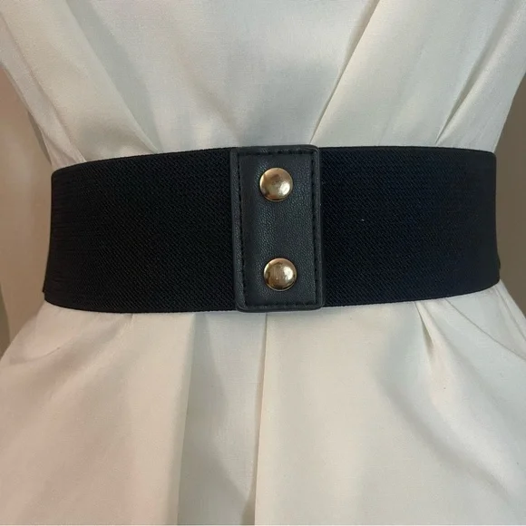 Black PU leather gold tone double buckleelastic waistband belt